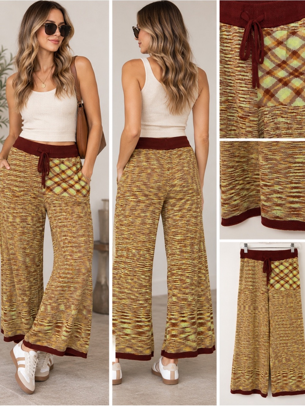 Urban Outfitters Y2K Wide Leg Knit Pants Brown Green Plaid Size Small